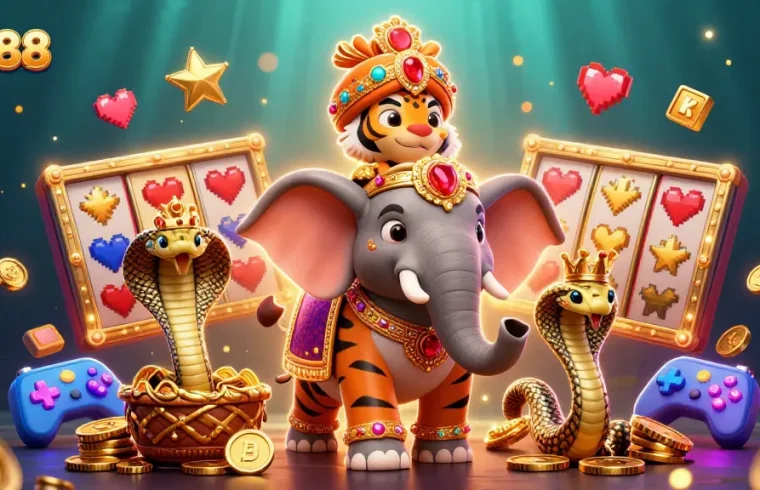 Spin the reels at GO88 with a vibrant casino scene featuring a tiger, elephant, and cobra.