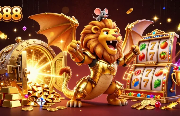 Experience thrilling wins at QS88 with a majestic chimera and vibrant slot game elements in a dynamic scene.