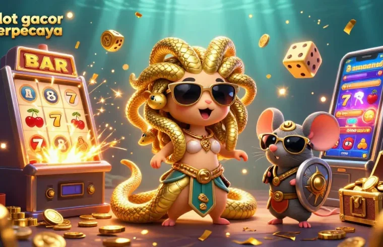 Engage with the thrilling atmosphere of slot gacor terpercaya, showcasing a vibrant 3D casino scene with Medusa and a warrior mouse.
