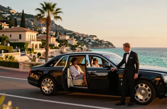 Transfert aéroport Nice avec chauffeur privé sur la Côte d'Azur, vue luxueuse au coucher de soleil.