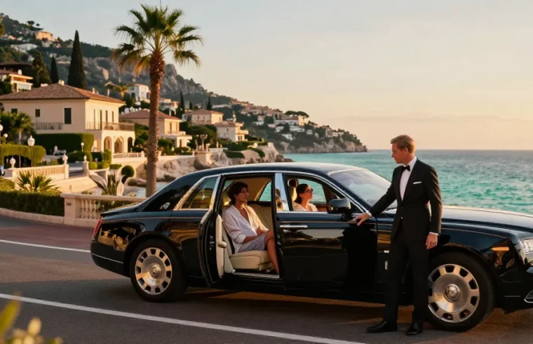 Transfert aéroport Nice avec chauffeur privé sur la Côte d'Azur, vue luxueuse au coucher de soleil.
