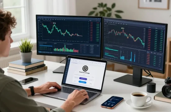 PulseChain Bridge trading scene with live cryptocurrency charts and user-friendly interface in modern home office.