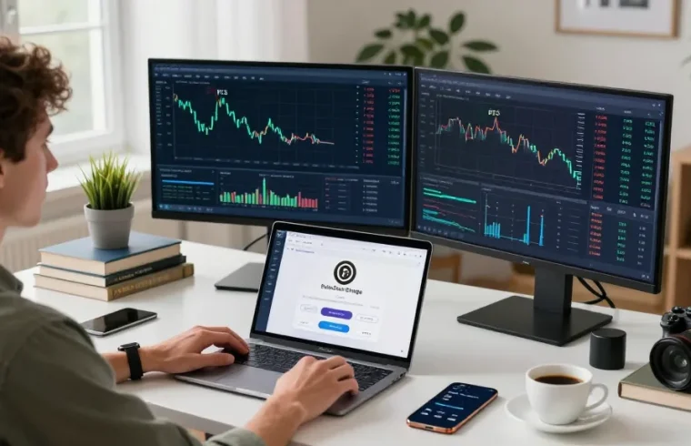 PulseChain Bridge trading scene with live cryptocurrency charts and user-friendly interface in modern home office.