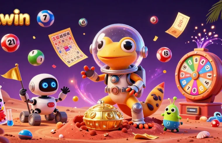 Experience kkwin's immersive gaming with a playful Martian gecko discovering a golden casino