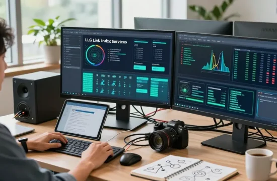 IT professional configuring LLG link indx services on dual monitors in a modern tech workspace.