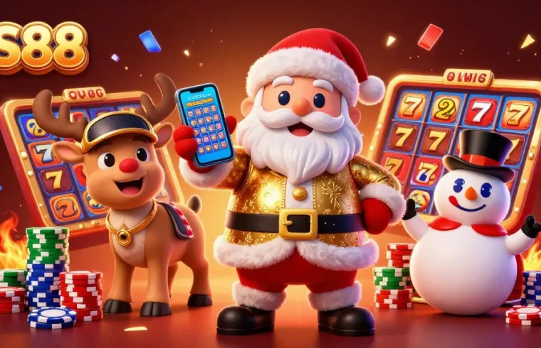 Experience the excitement of QS88's jackpot slots with festive characters in a vibrant casino scene.