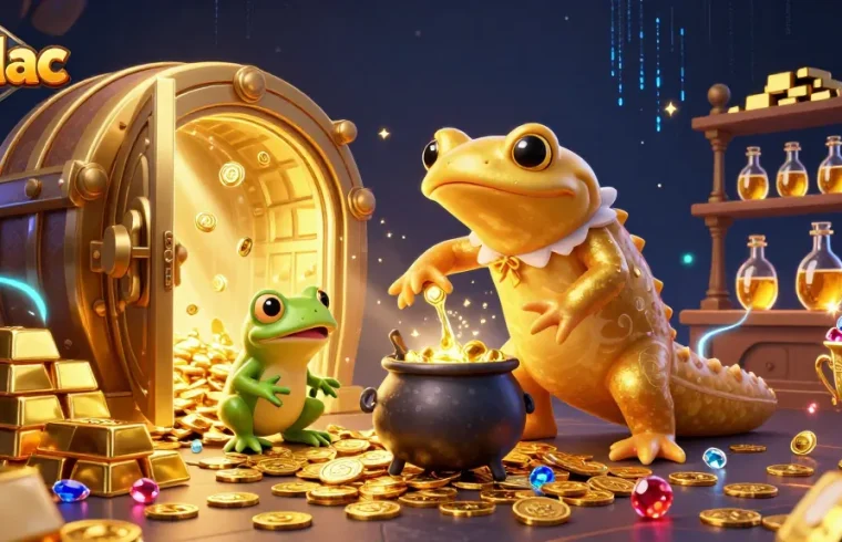 Experience the magic of xoilac with gold coins spilling from a treasure vault in this captivating digital illustration.