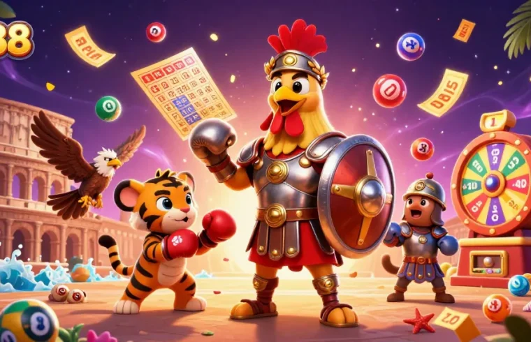 Experience the excitement of tg88 with a vibrant casino illustration featuring a gladiator rooster and dynamic gaming elements.