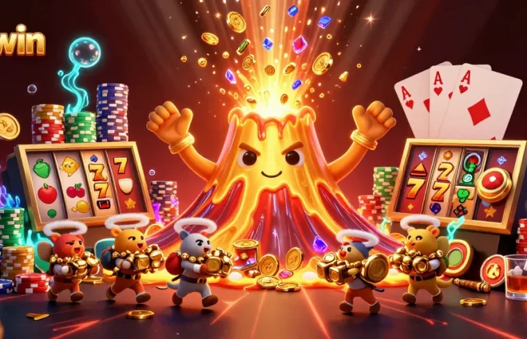 Experience the thrill of 98win with golden volcanoes erupting coins, dynamic slot elements, and rich casino action.