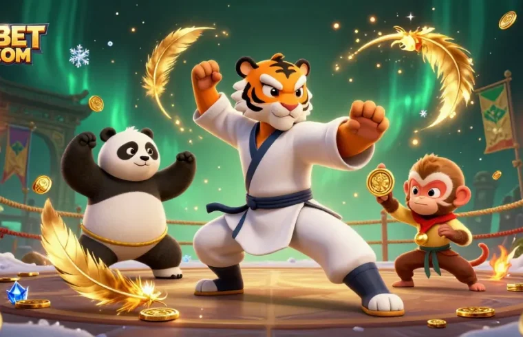 Engage with FABET COM in a vibrant 3D scene featuring kung fu characters and rich casino elements.