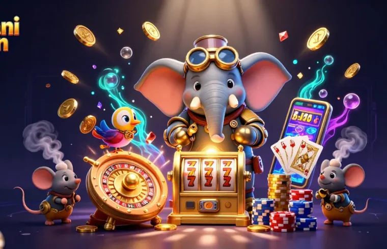 Dhani win slot gambling scene featuring an elephant engineer operating a golden slot machine and dynamic casino elements.