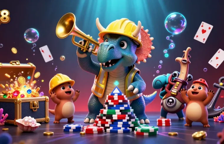 Engaging qs88 3D scene with triceratops building poker chip pyramid while celebrating underwater treasures, perfect for casino fun.