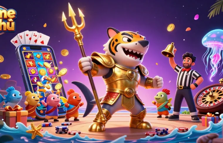 Engage with game nổ hũ in an exciting underwater scene featuring a gladiator shark and vibrant slot elements.