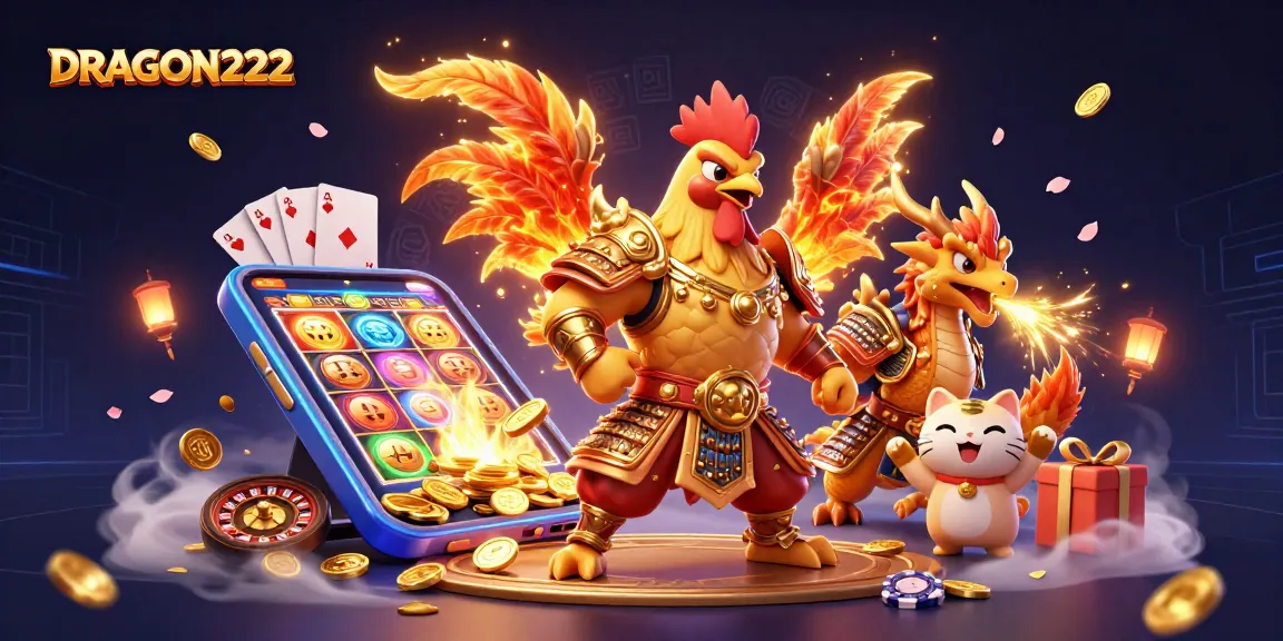 Win big with DRAGON222 as a mighty rooster warrior and dragon hatchling celebrate jackpot adventures.