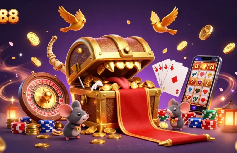 Catch exciting wins at QS88 with vibrant slot machines, glowing poker chips, and dynamic treasures.