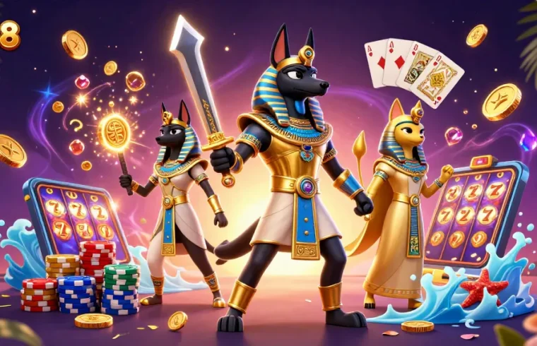 Experience thrilling adventures with EA88, featuring Anubis and Bastet in a dynamic casino scene.