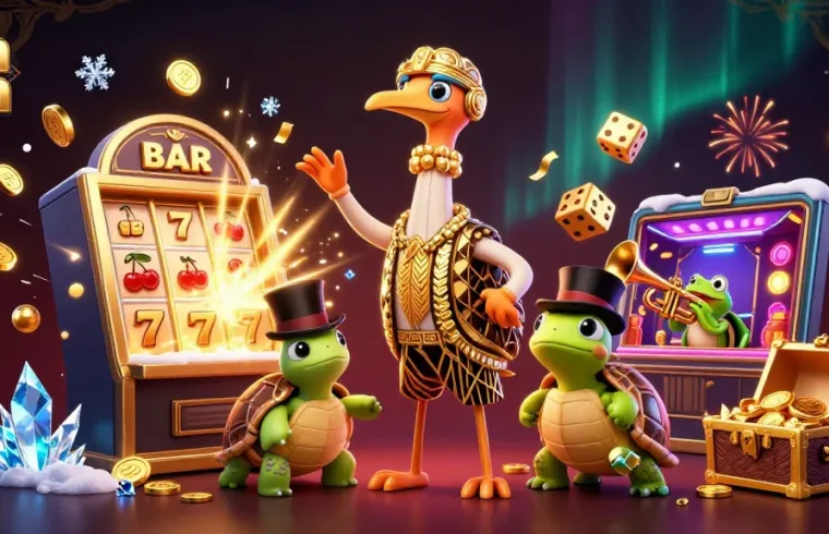 Experience the thrill of sun win with a vibrant 3D casino scene featuring charming characters and exciting games.