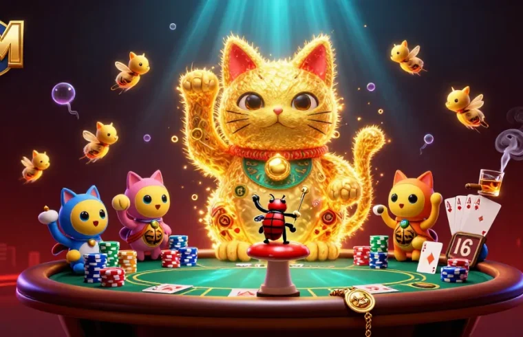 Experience the excitement of 7M's dynamic casino atmosphere with colorful poker elements.