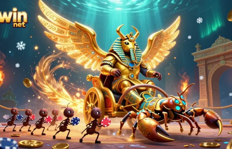Join the excitement at 33win net with a vibrant casino scene showcasing a golden scarab beetle and thrilling game elements.
