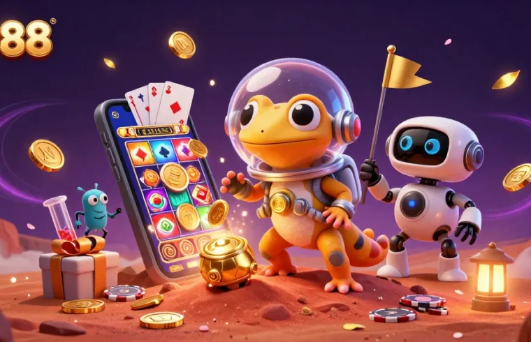 uu88 showcases a Martian gecko discovering a hidden casino, surrounded by slot games and cheerful bacteria.