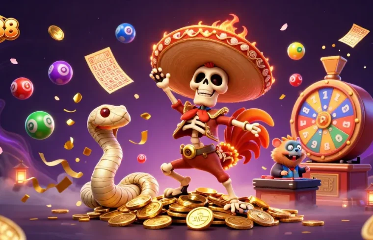 Experience thrilling wins with TR88, featuring a vibrant mariachi rooster and golden coins in a dynamic casino scene.