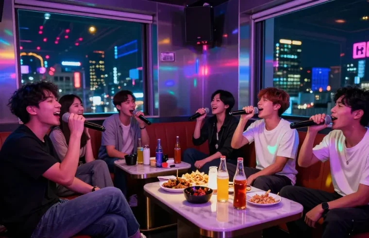 Friends singing at 강남가라오케 in a lively atmosphere with neon lights.