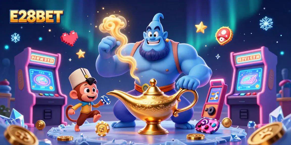 E28BET offers exciting gameplay with a dynamic scene featuring a blue genie, monkey, and poker chips.
