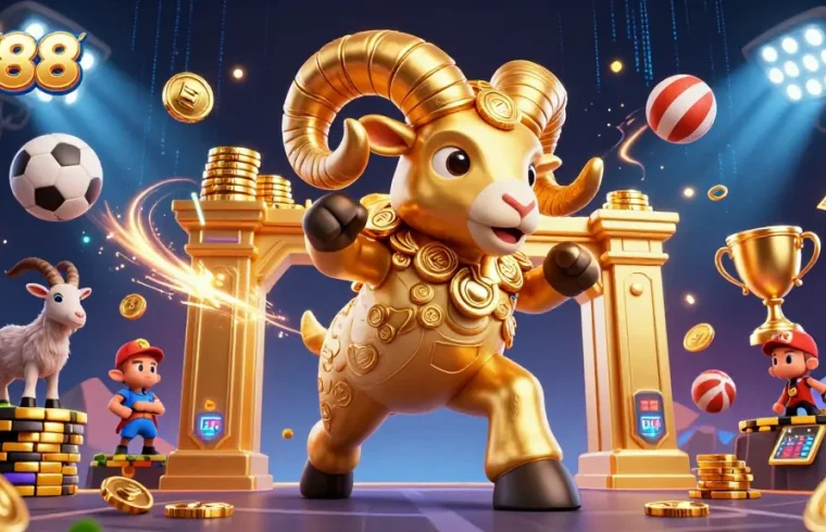 Experience thrilling gambling with LV88's dynamic 3D casino scene featuring a golden ram and sports elements.