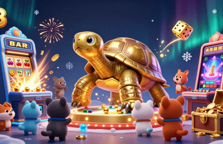 Spin the vibrant slots at o8, featuring a fun pinball tortoise and colorful casino elements.