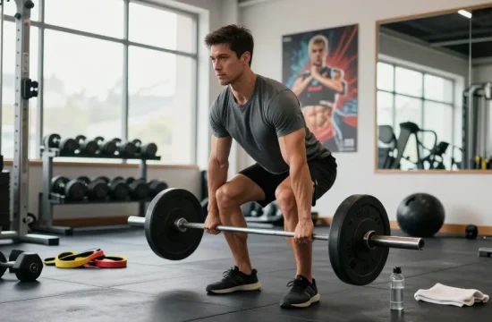 Man lifting weights in bright gym, highlighting Deus Medical Steroids for performance enhancement.