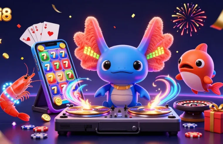 Join the excitement at mbi8 with a vibrant scene featuring a neon-colored DJ axolotl spinning golden records amid colorful slot games and festive elements.