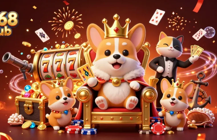 Experience the thrill of gaming at cf68 club with vibrant 3D illustrations of a royal corgi and casino elements.