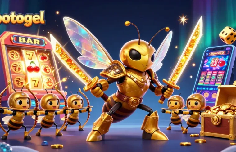 Experience thrilling gameplay at popotogel with a golden hornet samurai amidst bursting slot machines.