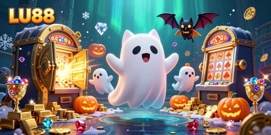 LU88 captures the thrill of gambling with a ghost cat and treasures in a lively casino scene.