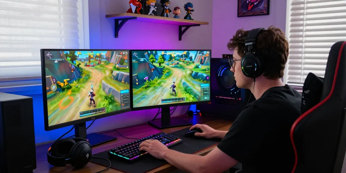 Player using PROOFCORE cheats in immersive Fortnite gaming setup with dual monitors and RGB lighting.