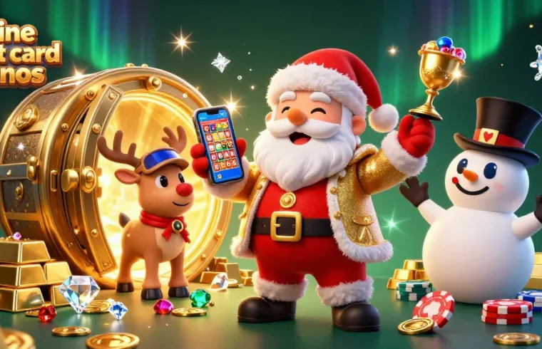 Join the excitement at online credit card casinos with our festive gaming scene featuring Santa and friends!