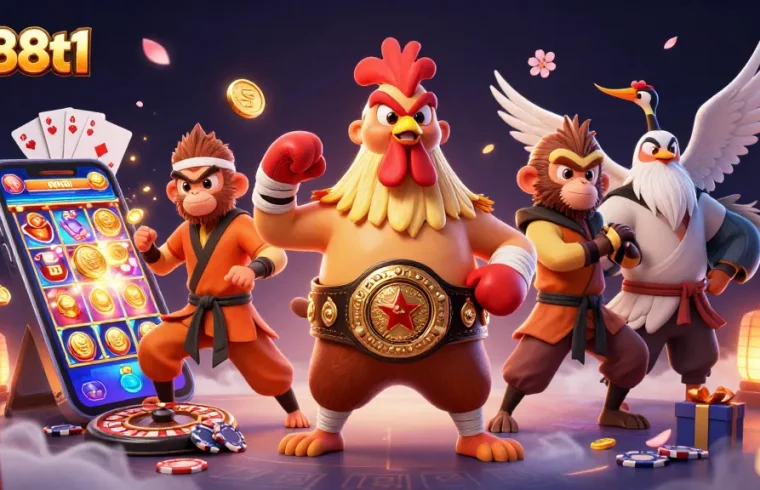 Engage in thrilling gameplay with qs88t1's vibrant 3D illustration featuring martial artists and casino elements.