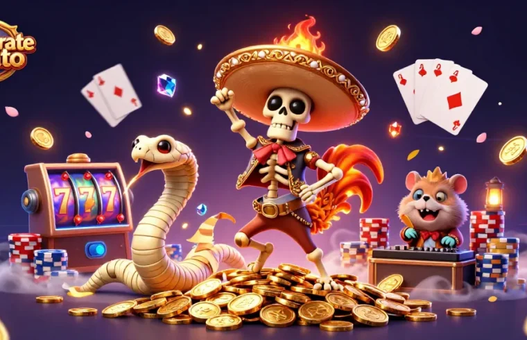Experience celebratepanto with 3D skeleton mariachi rooster winning big at slot machines.