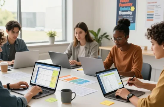 Teachers using EMStudio online teacher planner in a collaborative workspace for effective classroom management and lesson planning.