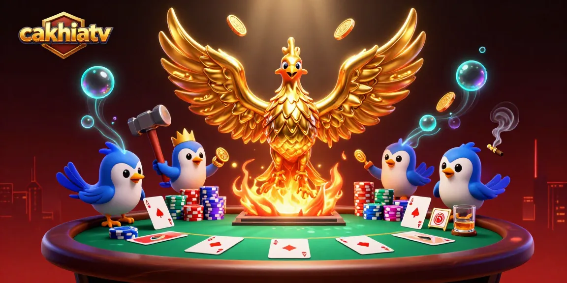 Cakhiatv features a molten metal phoenix amid dynamic poker elements, capturing the essence of thrilling gambling.