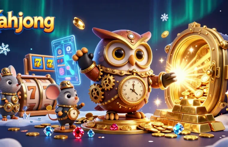Engage in mahjong excitement with a dynamic illustration showcasing casino elements and treasures.