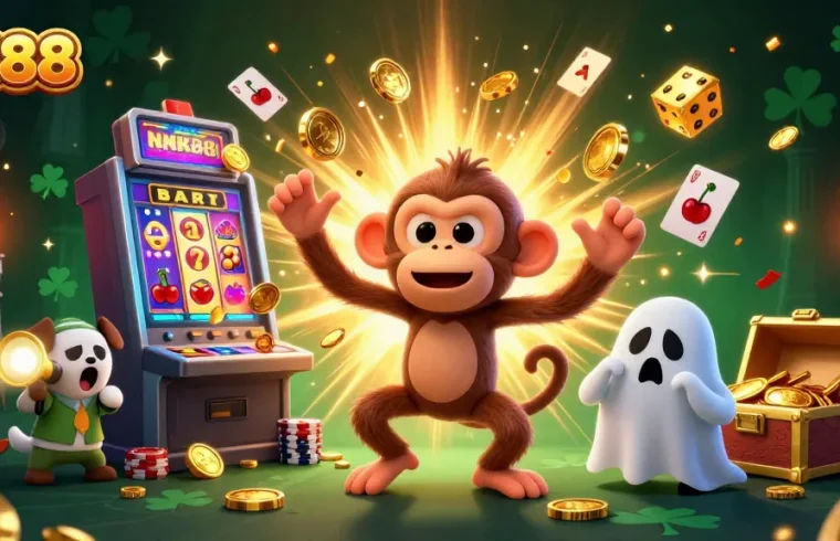 Track the playful NK88 poltergeist monkey juggling golden objects in a haunted casino.
