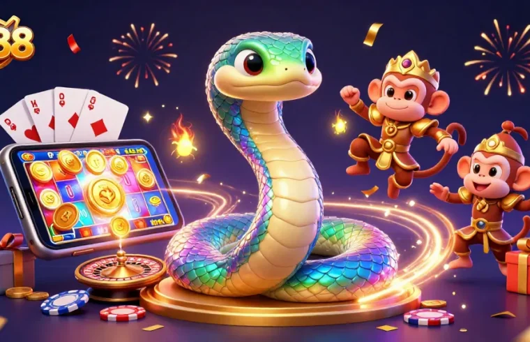 Play lively games at nk88 with colorful slot reels, poker cards, and festive characters.
