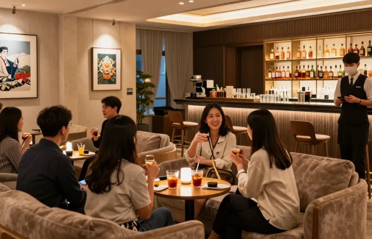 강남블랜딩쩜오의 고급스러운 시설과 분위기에서 고객이 즐거운 시간을 보내고 있는 장면