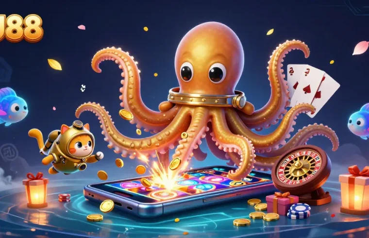 Experience excitement with UU88's cartoon kraken and diving cat in a vibrant casino world.