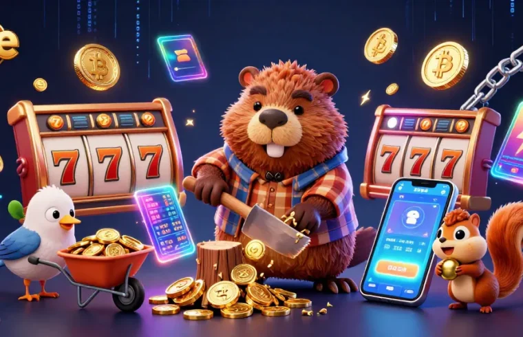 Cee showcases a lively casino scene with a beaver, bird, and squirrel celebrating while collecting coins.