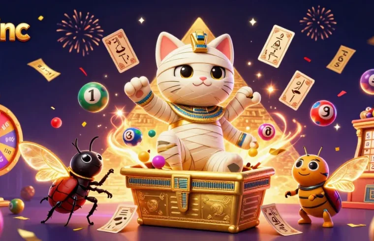 Experience thrilling wins at S8inc, featuring an animated Egyptian mummy cat in a dynamic casino scene.