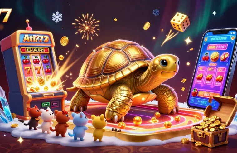 Experience the excitement of the At77 casino with a vibrant jackpot scene featuring animated games and colorful visuals.