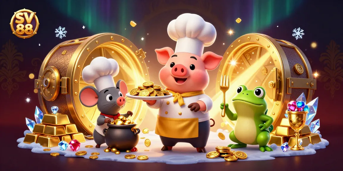 SV 88 characters serving golden coins in a dynamic casino scene, showcasing opulence and excitement