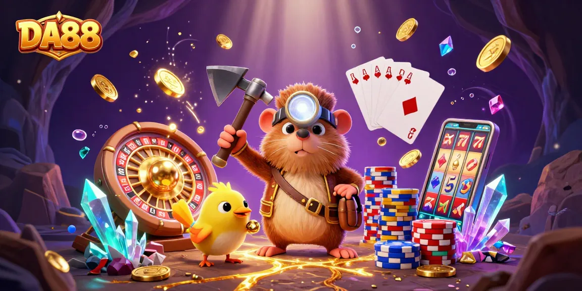 Join the adventure at DA88 with a cartoon mole and canary in a dazzling casino cavern.